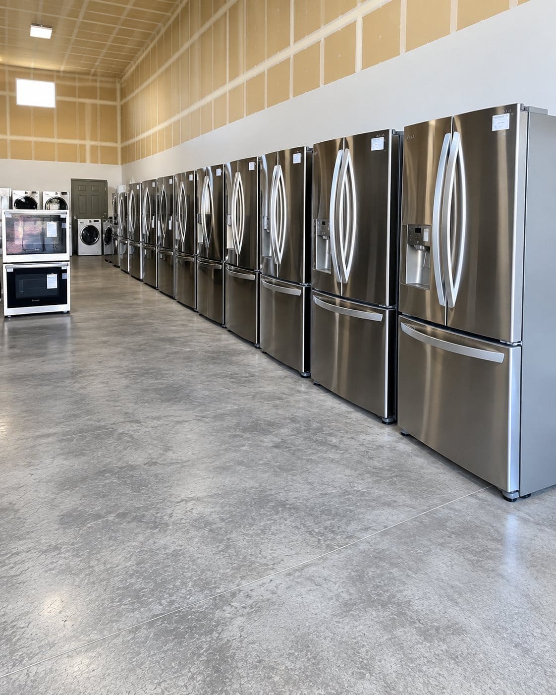 An aisle of refrigerators on the floor at Idaho Discount Appliance