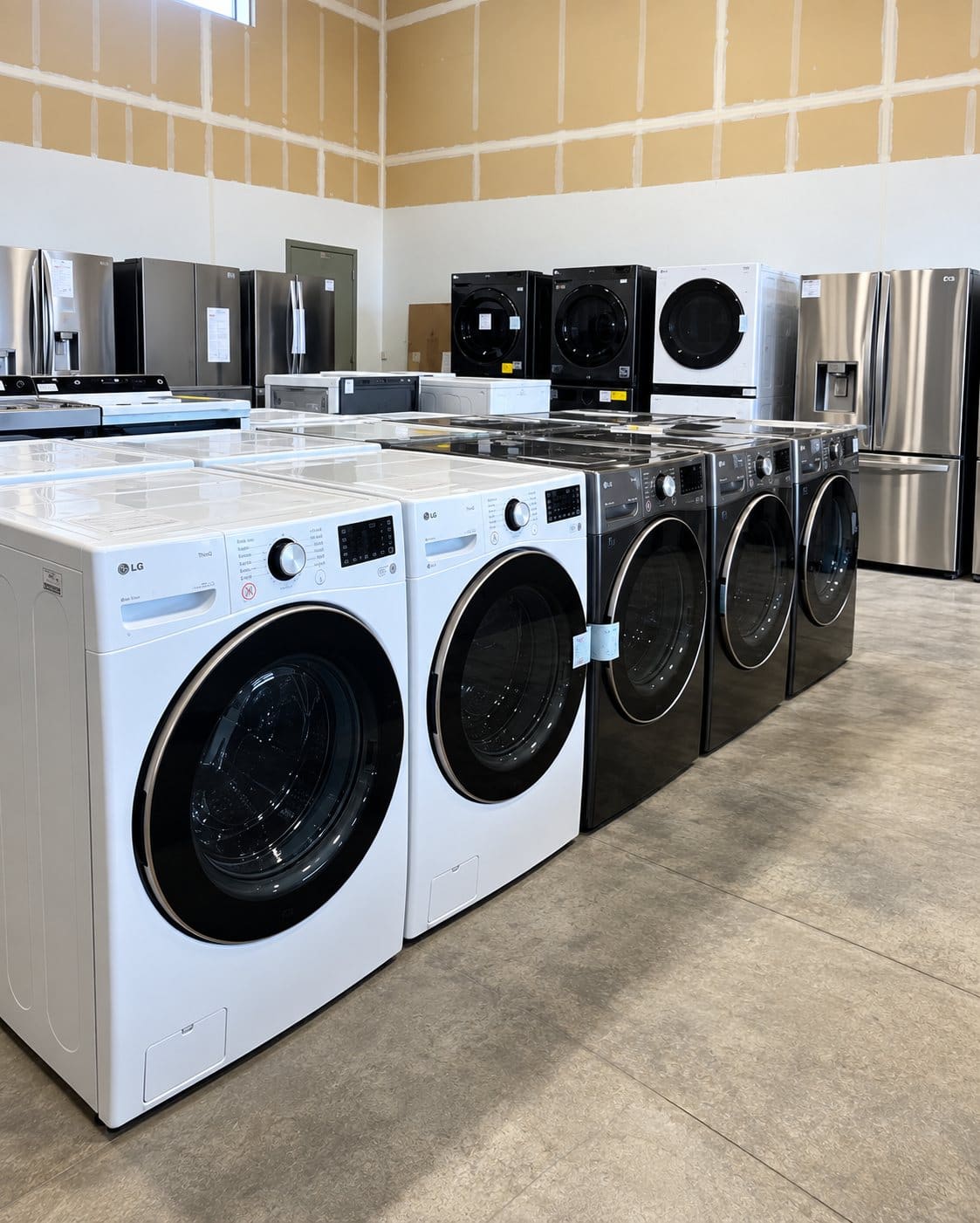 Front-load LG washers and dryers lined up on the showroom floor at Idaho Discount Appliance