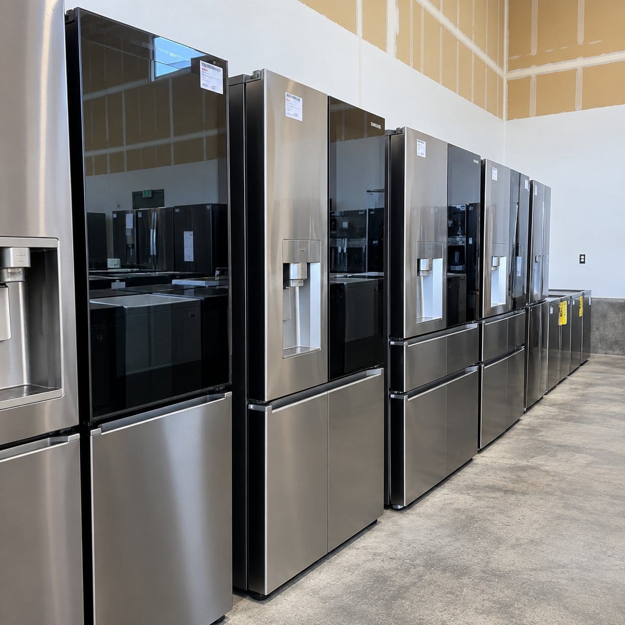 A row of stainless steel french-door refrigerators on the showroom floor